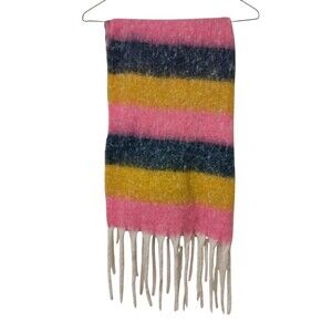 Aerie Scarf Womens Blanket Chunky Navy Gold Pink Striped Fringe Soft 19"x92"